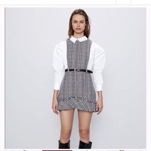 Zara NWT Combination pinafore belted tweed dress S